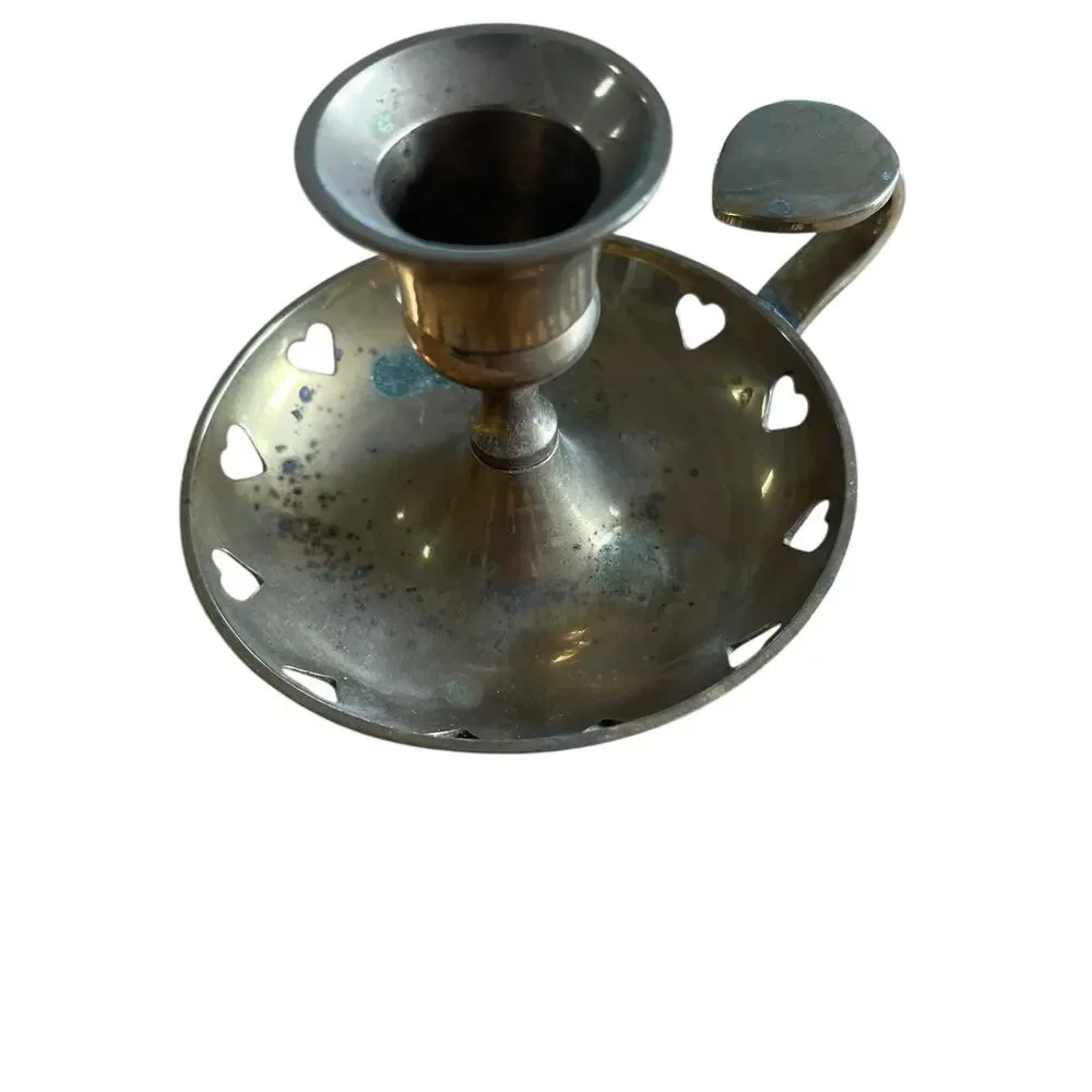 Brass Candlestick Holder Chamber Light Heart Cutouts Small Vintage Unpolished